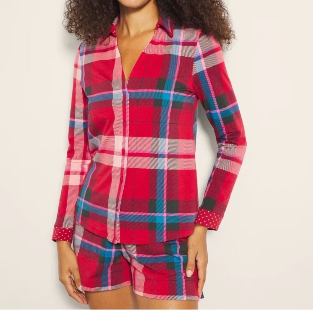 Soma Embraceable Notch Collar Pajama Top. Red Plaid XL
